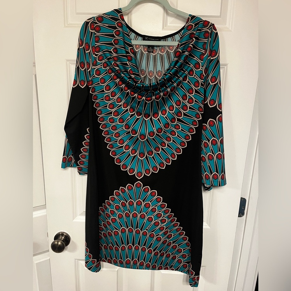 INC International Concepts Black Teal and Red Patterned Tunic Dress